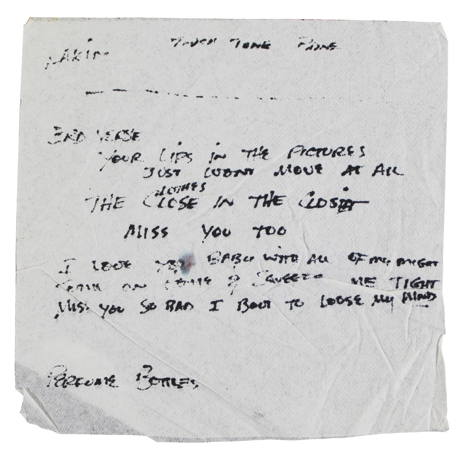 Stevie Ray Vaughan Authentic 4.75x5 Napkin w/ Handwritten Lyrics BAS #AE13211
