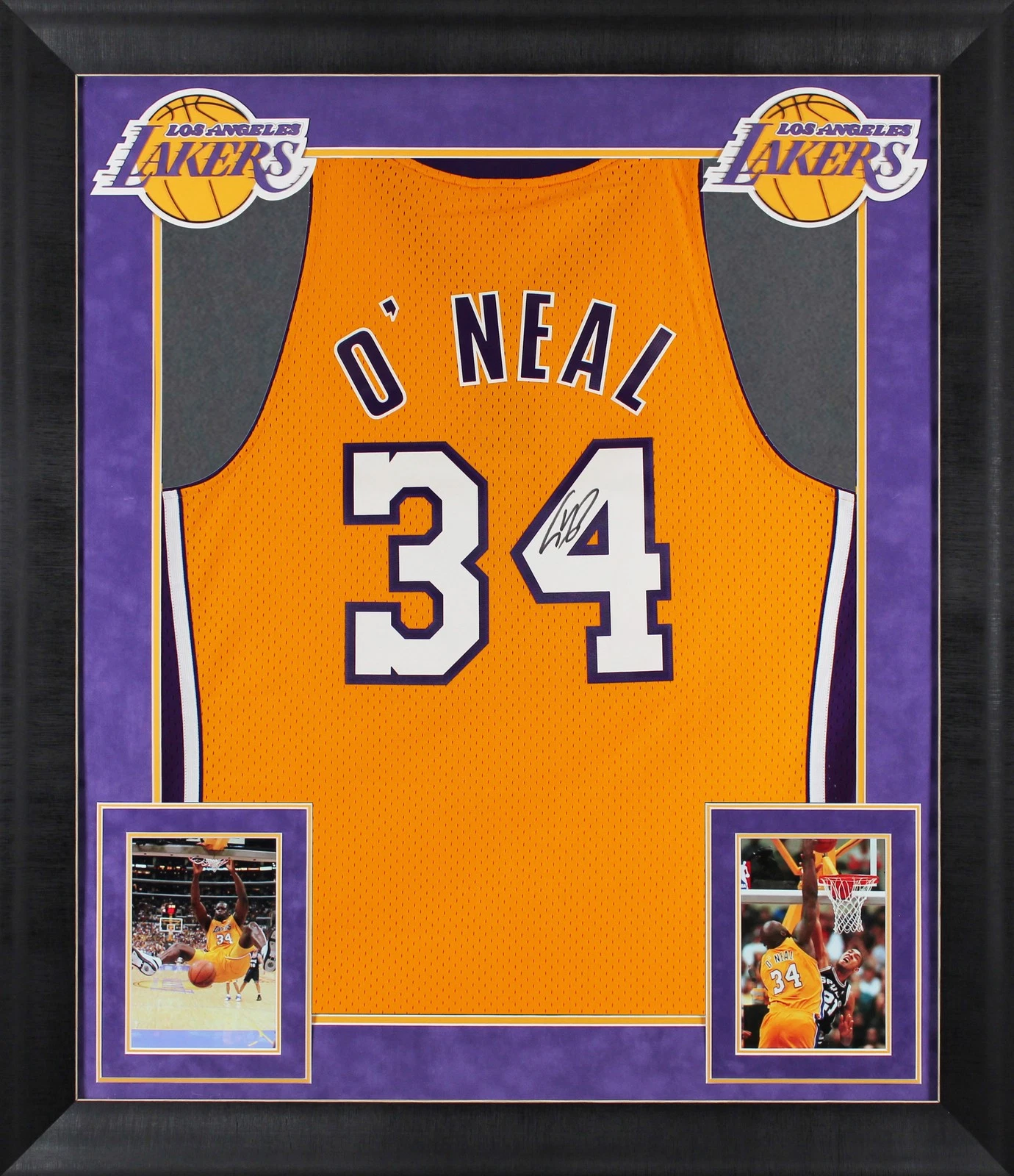 Lakers Shaquille O'Neal Signed Yellow M&N 99-00 HWC Swingman Framed Jersey BAS W
