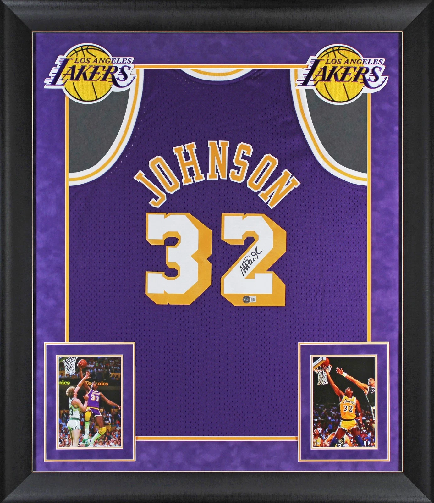 Lakers Magic Johnson Signed 1984-85 M&N HWC Swingman Purple Framed Jersey BAS W