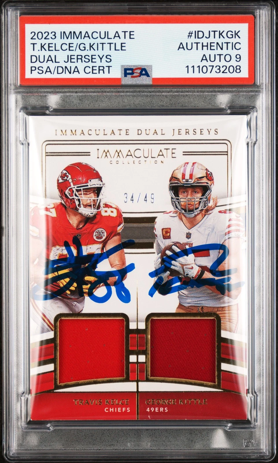 TRAVIS KELCE & GEORGE KITTLE SIGNED 2023 IDJ #IDJTKGK CARD AUTO 9 PSA SLABBED 1 COLLECTIBLE MEMORABILIA