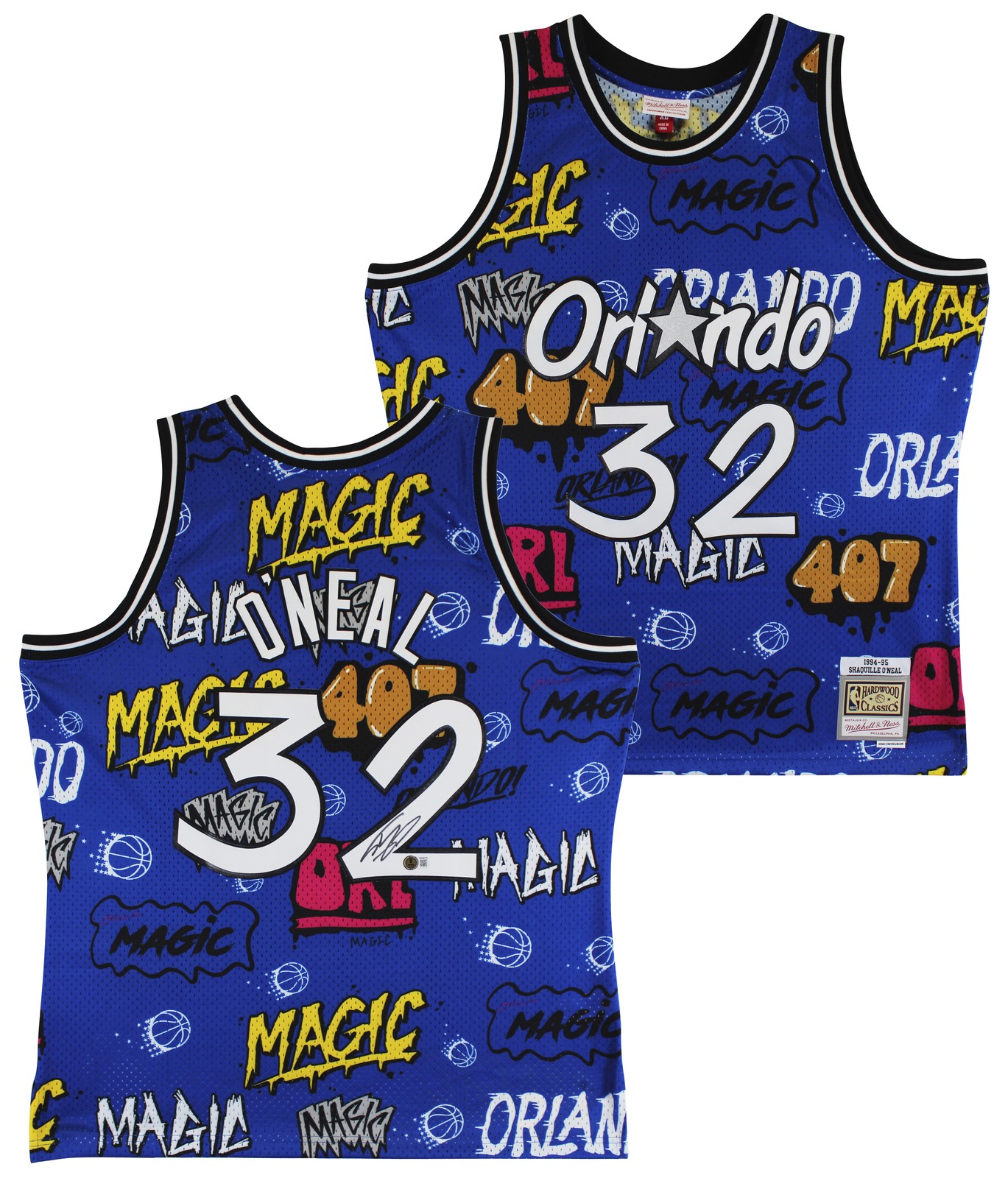 Magic Shaquille O'Neal Signed Alt Blue M&N 1994-95 HWC Swingman Jersey BAS Wit
