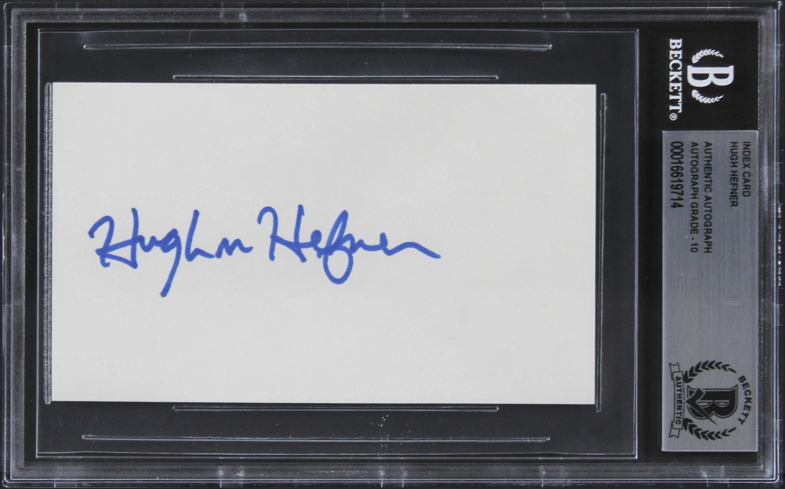 Hugh Hefner Playboy Signed 3x5 Index Card Auto Graded Gem Mint 10! BAS Slabbed