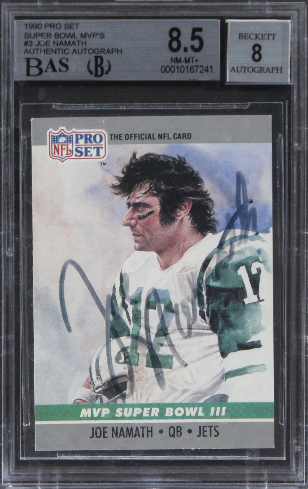 Jets Joe Namath Signed 1990 Pro Set SB MVPS #3 Card NM-MT 8.5 Auto 8 BAS Slabbed