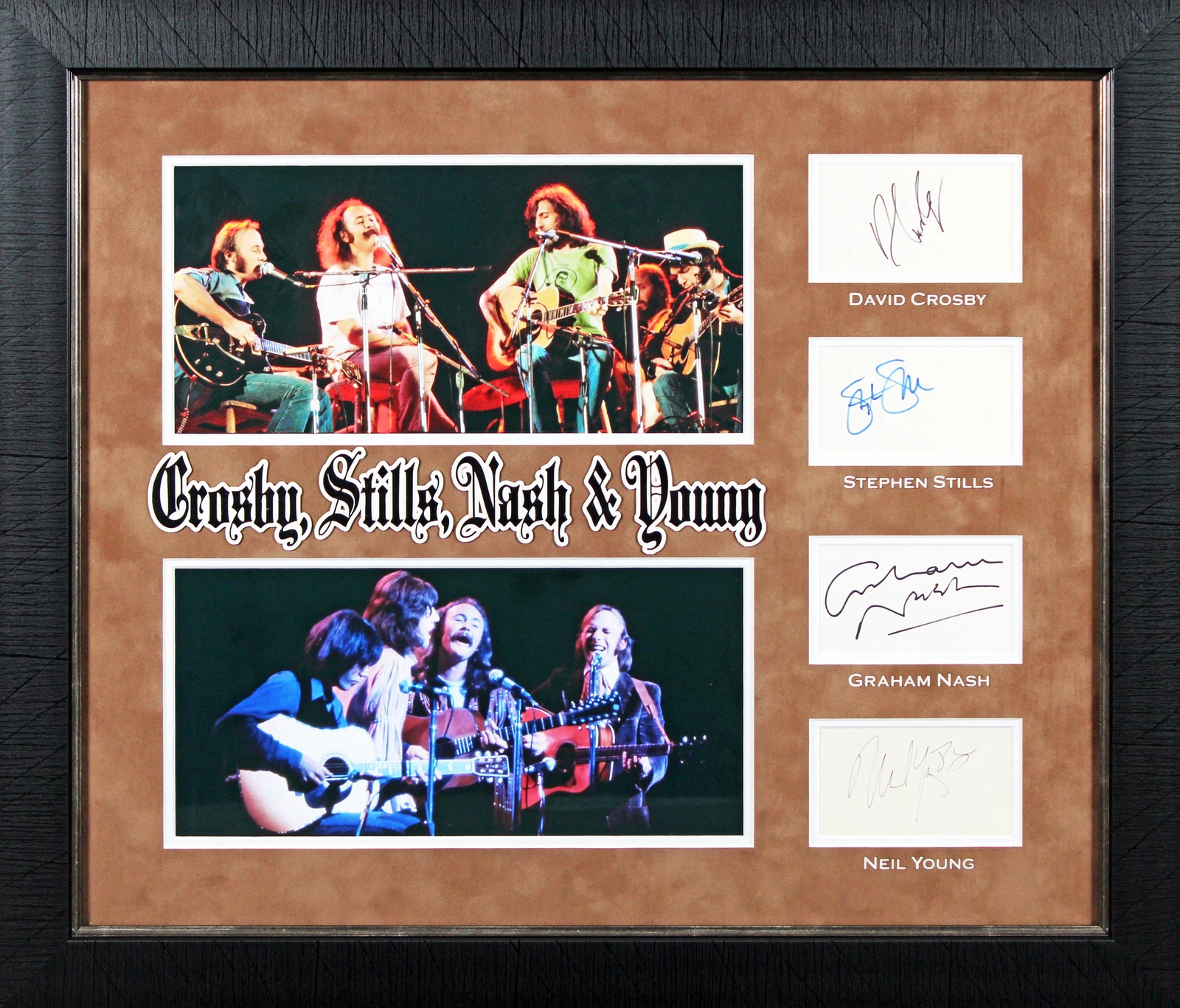 (4) CROSBY, STILLS, NASH & YOUNG AUTHENTIC SIGNED FRAMED DISPLAY BAS #AD04850 COLLECTIBLE MEMORABILIA