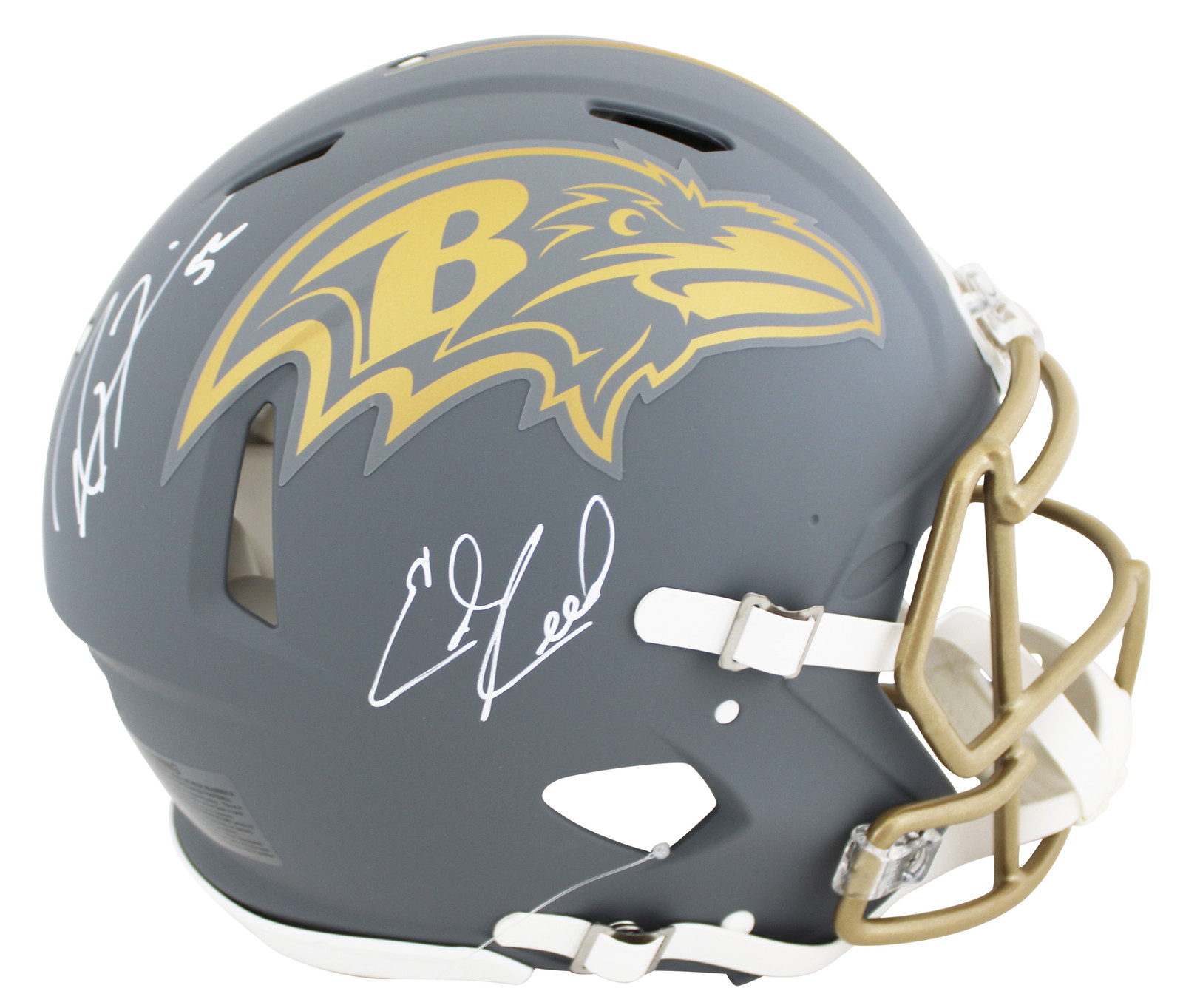 Ravens Ray Lewis & Ed Reed Signed Slate Full Size Speed Proline Helmet BAS Wit