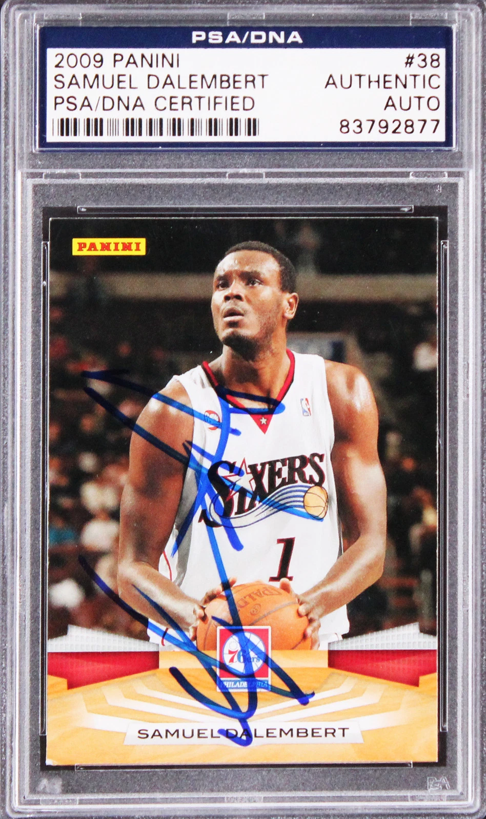 76ERS SAMUEL DALEMBERT AUTHENTIC SIGNED 2009 PANINI #38 CARD PSA/DNA SLAB COLLECTIBLE MEMORABILIA