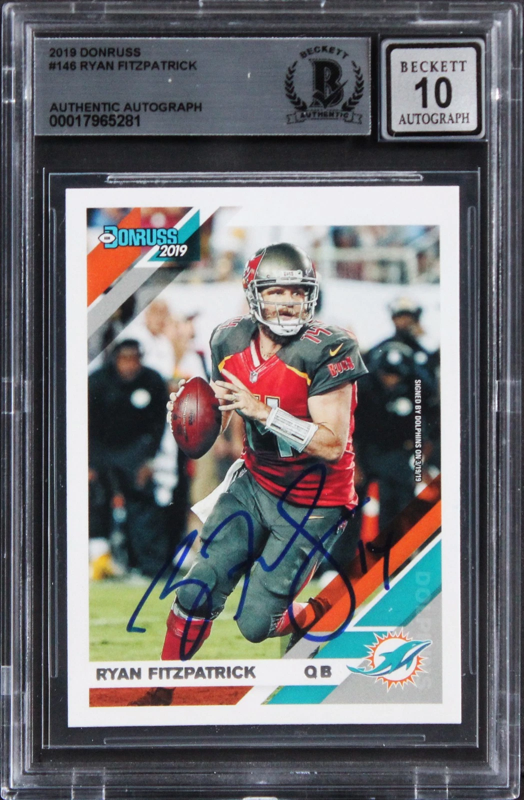 Dolphins Ryan Fitzpatrick Signed 2019 Donruss #146 Card Auto 10! BAS Slabbed