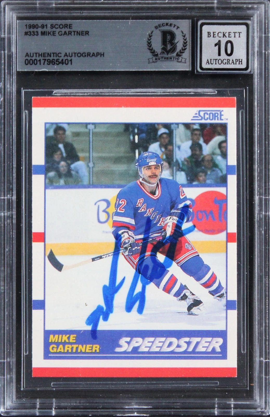Rangers Mike Gartner Signed 1990 Score #333 Card Auto Gem Mint 10! BAS Slabbed