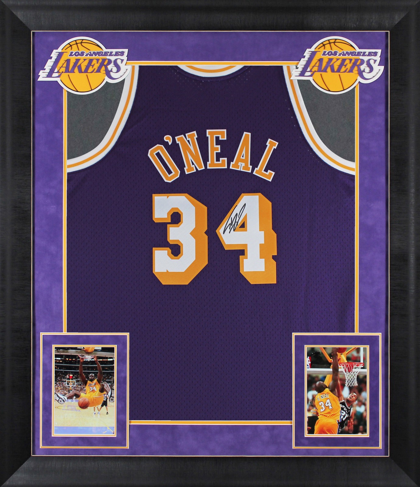Lakers Shaquille O'Neal Signed Purple M&N 1996-97 TB HWC Framed Jersey BAS Wit
