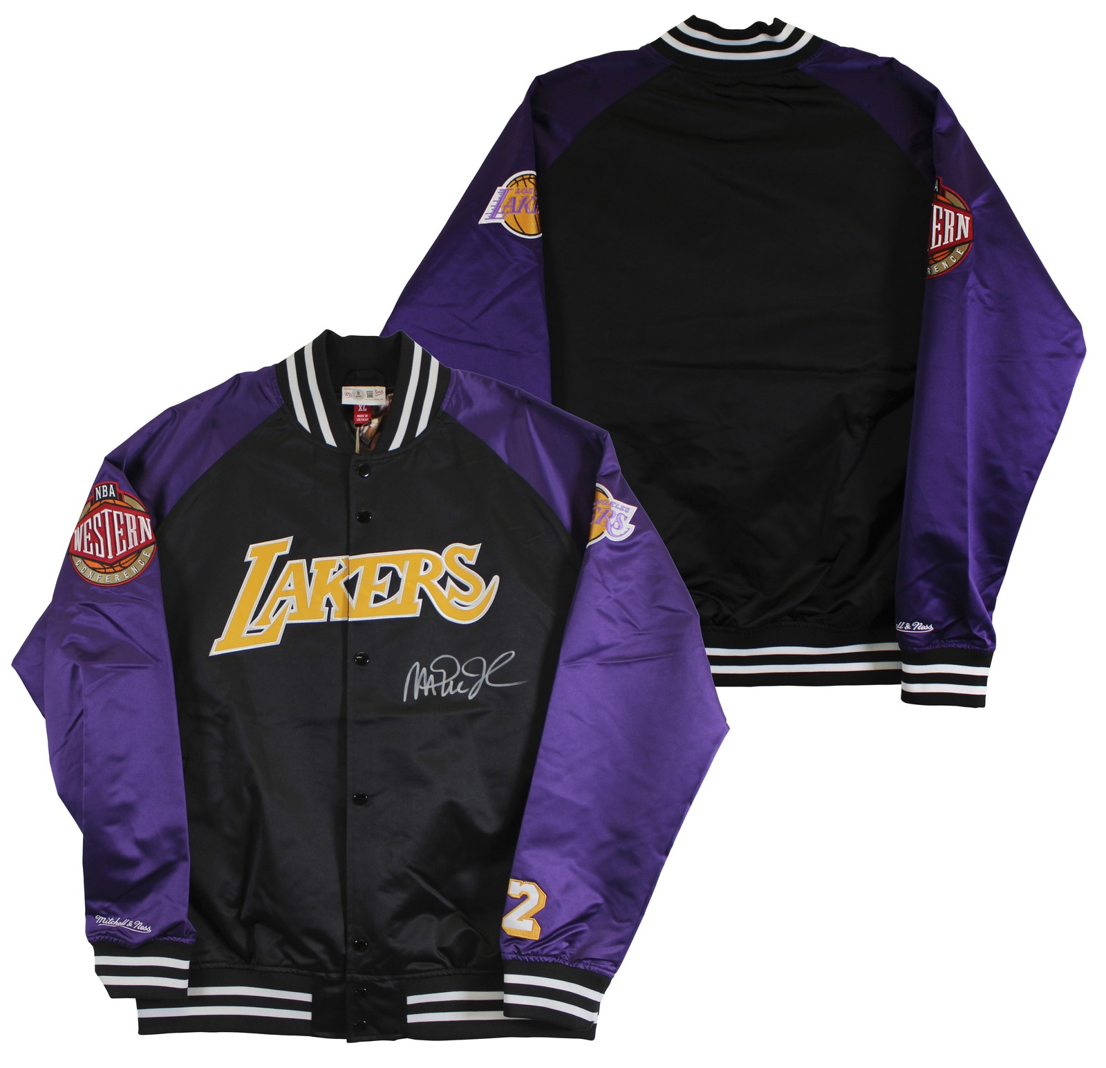 Lakers Magic Johnson Signed Black M&N Warm Up Jacket w/ Patches BAS Witnessed 2