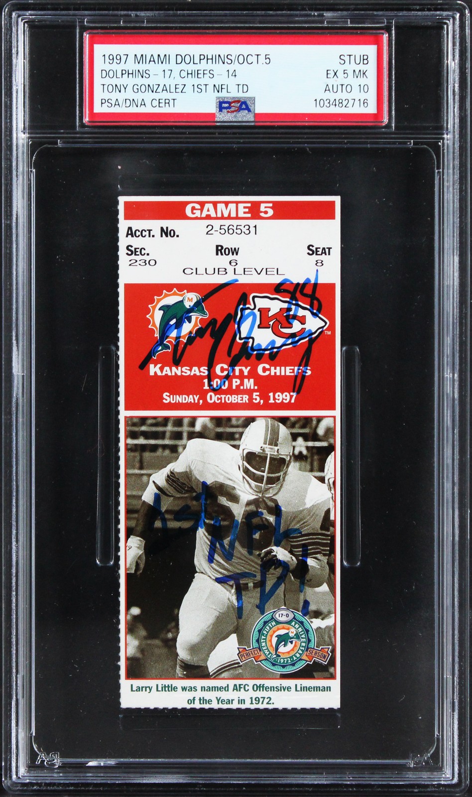 TONY GONZALEZ SIGNED “1ST NFL TD!” 1997 TICKET STUB GRADE EX 5 AUTO 10! PSA SLAB COLLECTIBLE MEMORABILIA