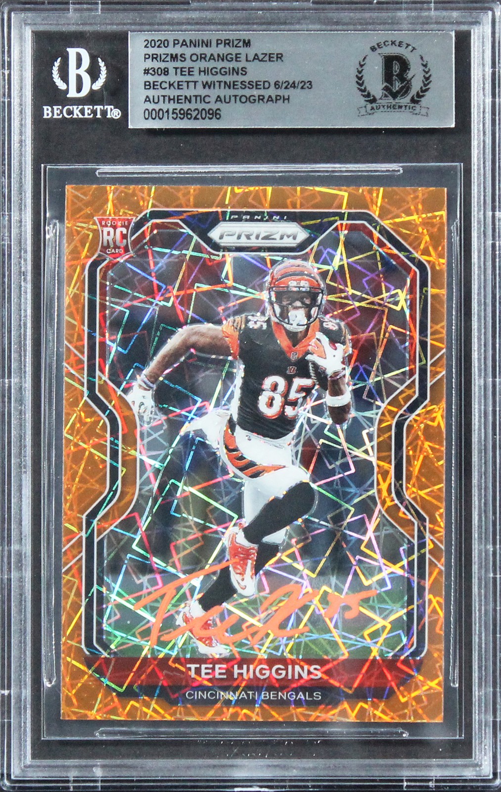 Bengals Tee Higgins Signed 2020 Panini Prizm Orange Lazer #308 RC BAS Slabbed