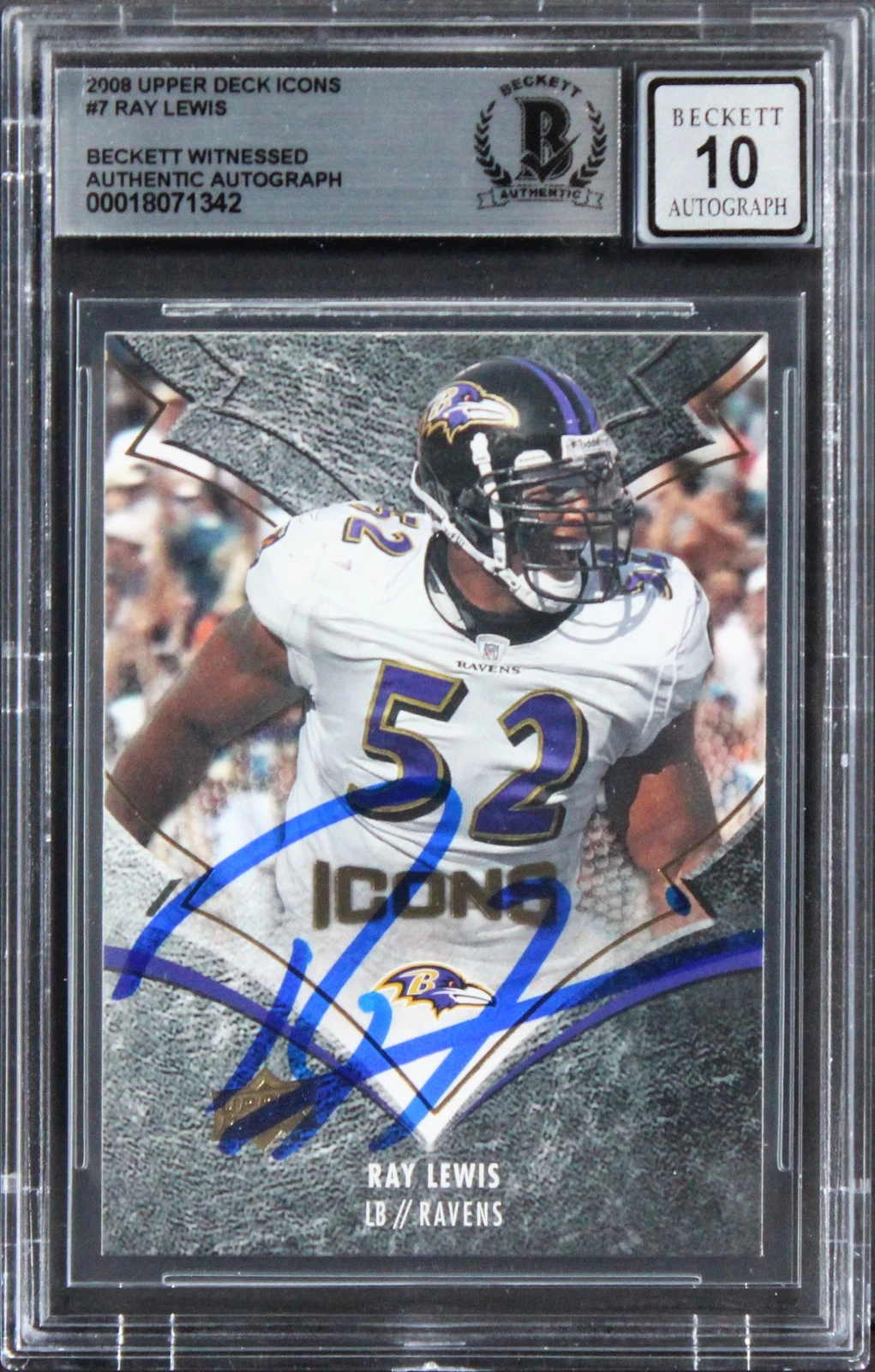 Ravens Ray Lewis Signed 2008 Upper Deck Icons #7 Card Auto Mint 10! BAS Slabbed