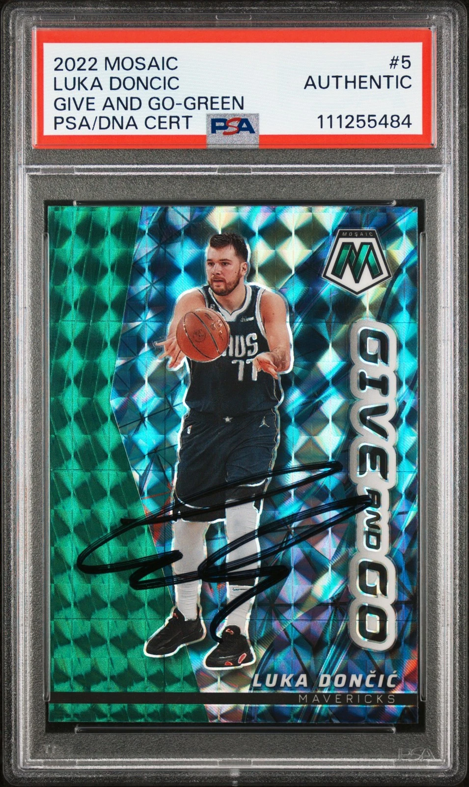 Luka Doncic Signed 2022 Mosaic Give and Go Green Prizm #5 Card PSA Slabbed