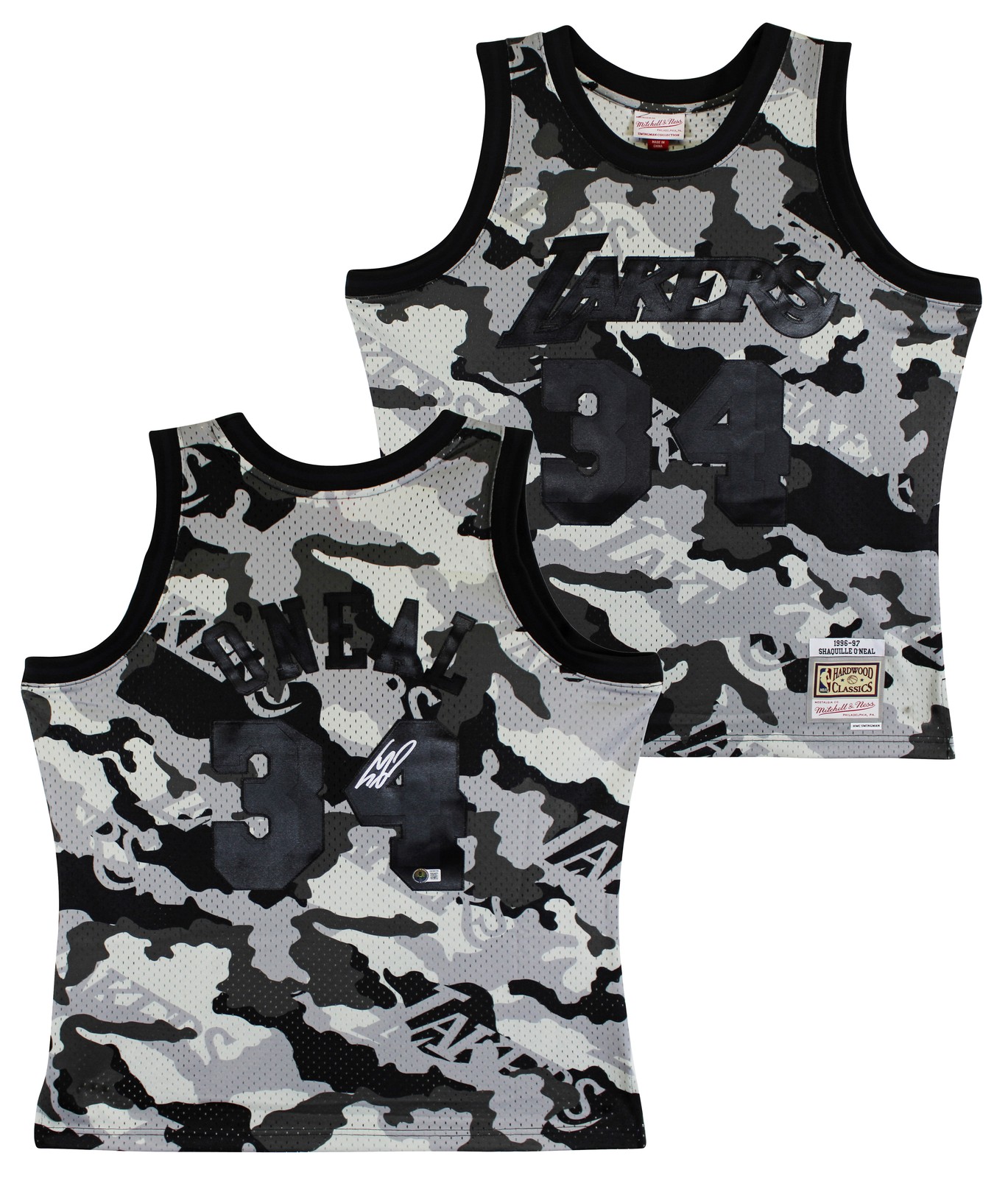 Lakers Shaquille O'Neal Signed Alt Camo M&N 1996-97 HWC Swingman Jersey BAS Wit