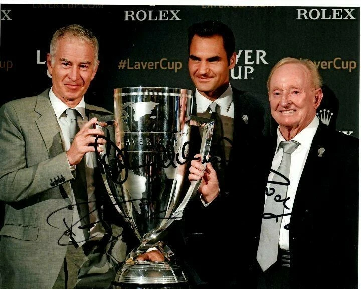JOHN MCENROE ROD LAVER and ROGER FEDERER Signed 8x10 TENNIS Photo w Hologram COA