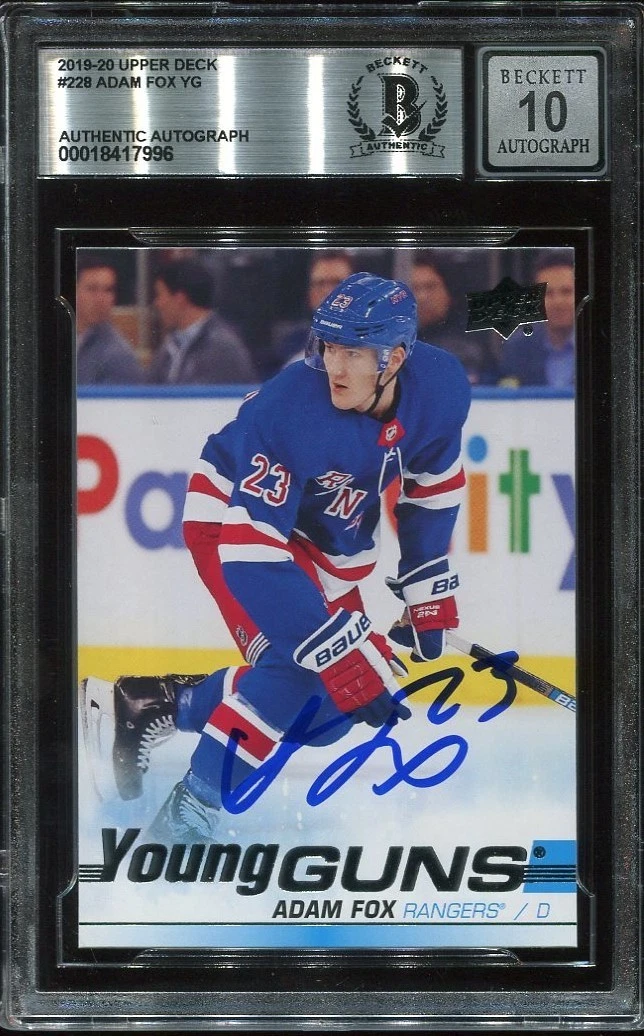 RANGERS ADAM FOX signed 2019-20 UD YOUNG GUNS ROOKIE CARD RC YG BECKETT 10 (BAS)