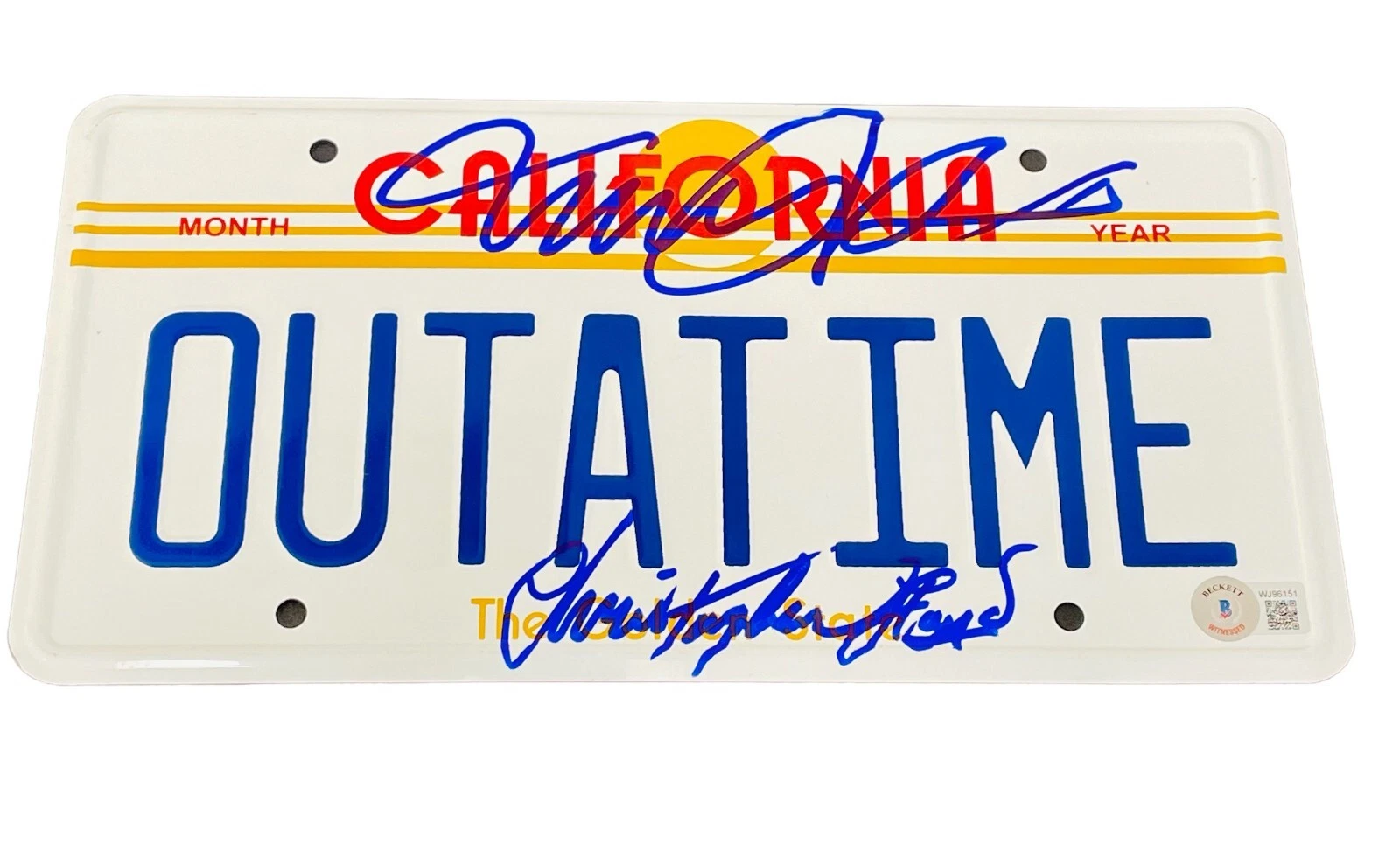 MICHAEL J FOX CHRISTOPHER LLOYD SIGNED BACK TO THE FUTURE LICENSE CA PLATE BAS COLLECTIBLE MEMORABILIA