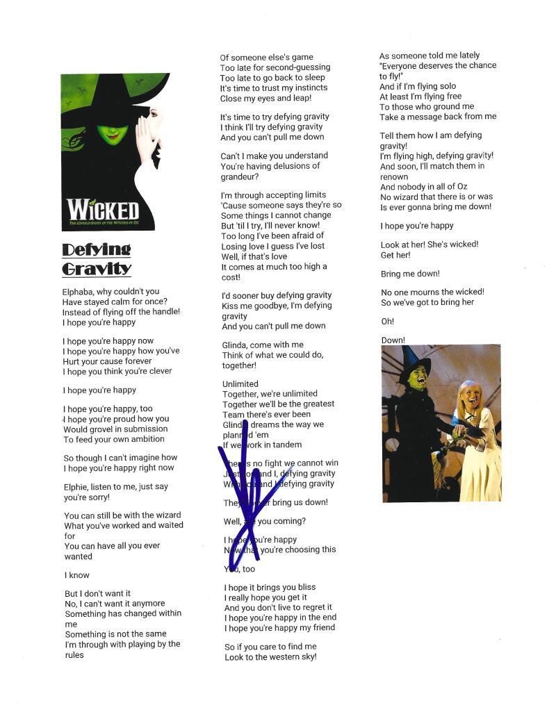 KRISTIN CHENOWETH SIGNED DEFYING GRAVITY WICKED LYRIC SHEET BROADWAY AUTOGRAPH