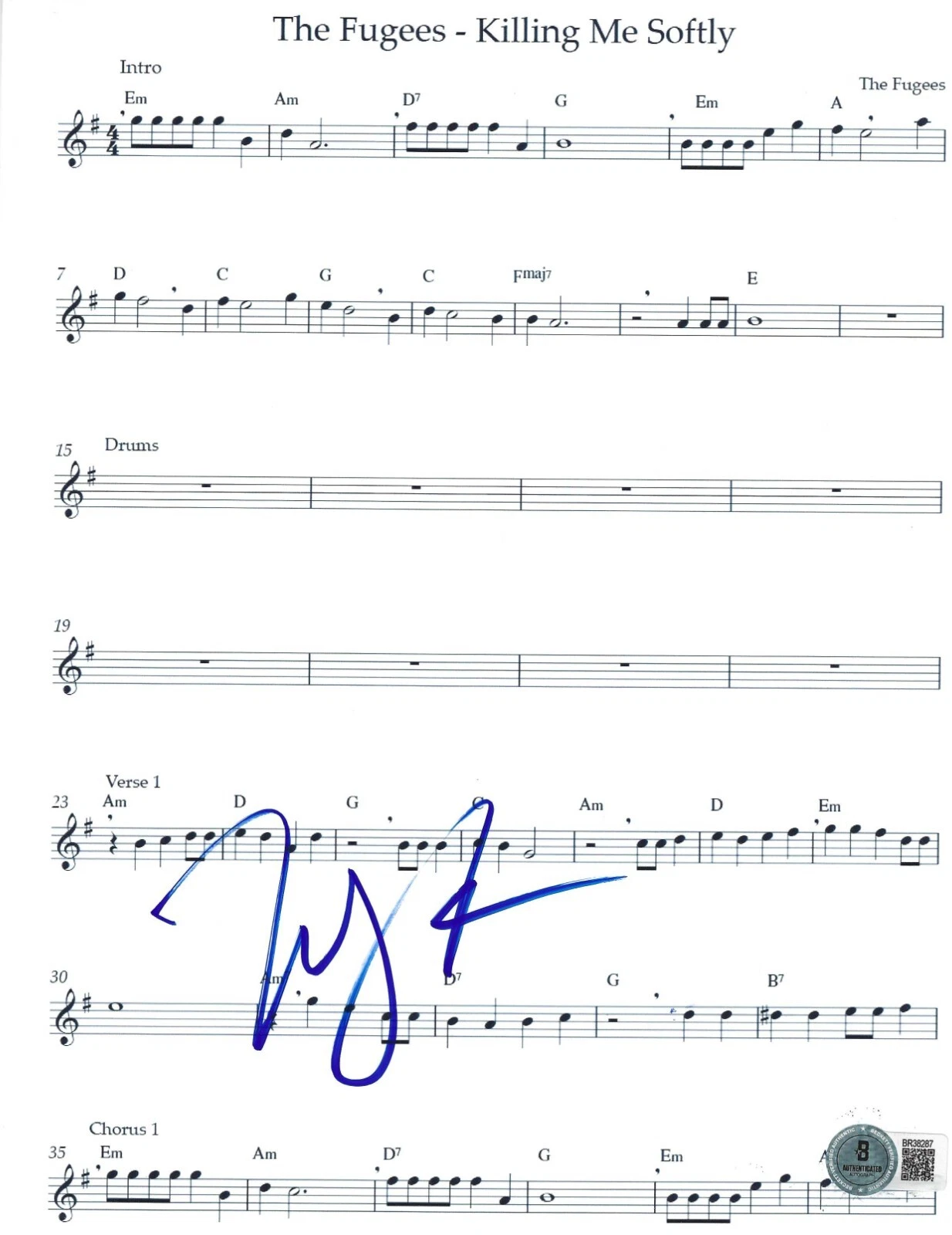 Lauryn Hill Signed The Fugees Signed Killing Me Softly Sheet Music Auto Beckett