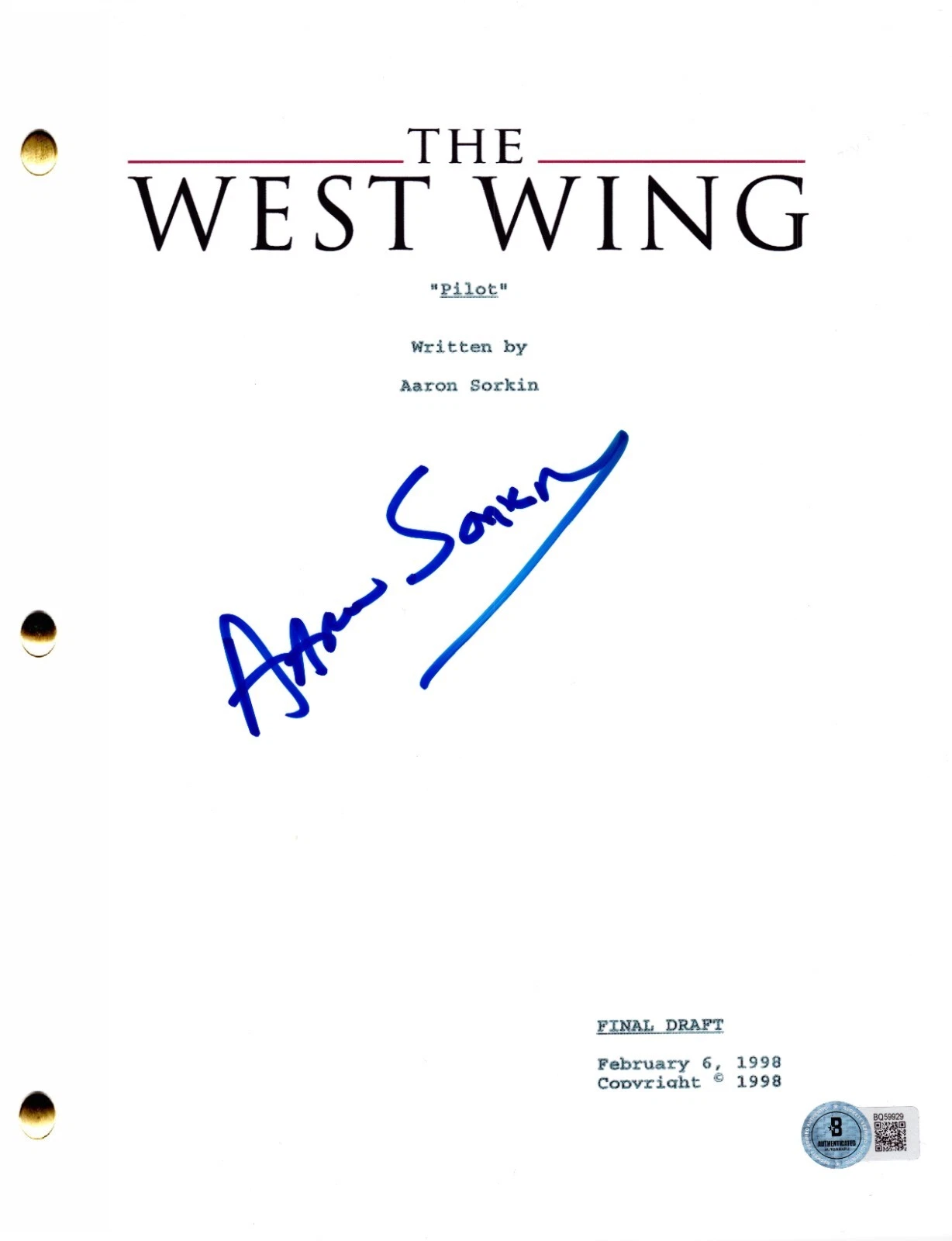 AARON SORKIN SIGNED THE WEST WING PILOT SCRIPT AUTHENTIC AUTOGRAPH BECKETT COLLECTIBLE MEMORABILIA