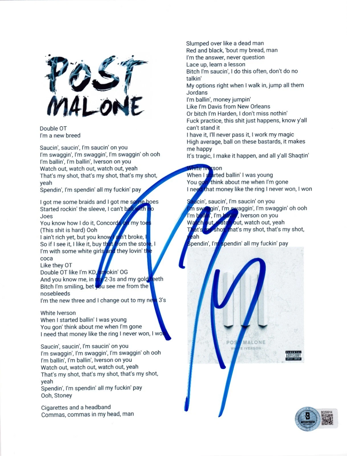 Post Malone Signed White Iverson Lyric Sheet Authentic Autograph Beckett