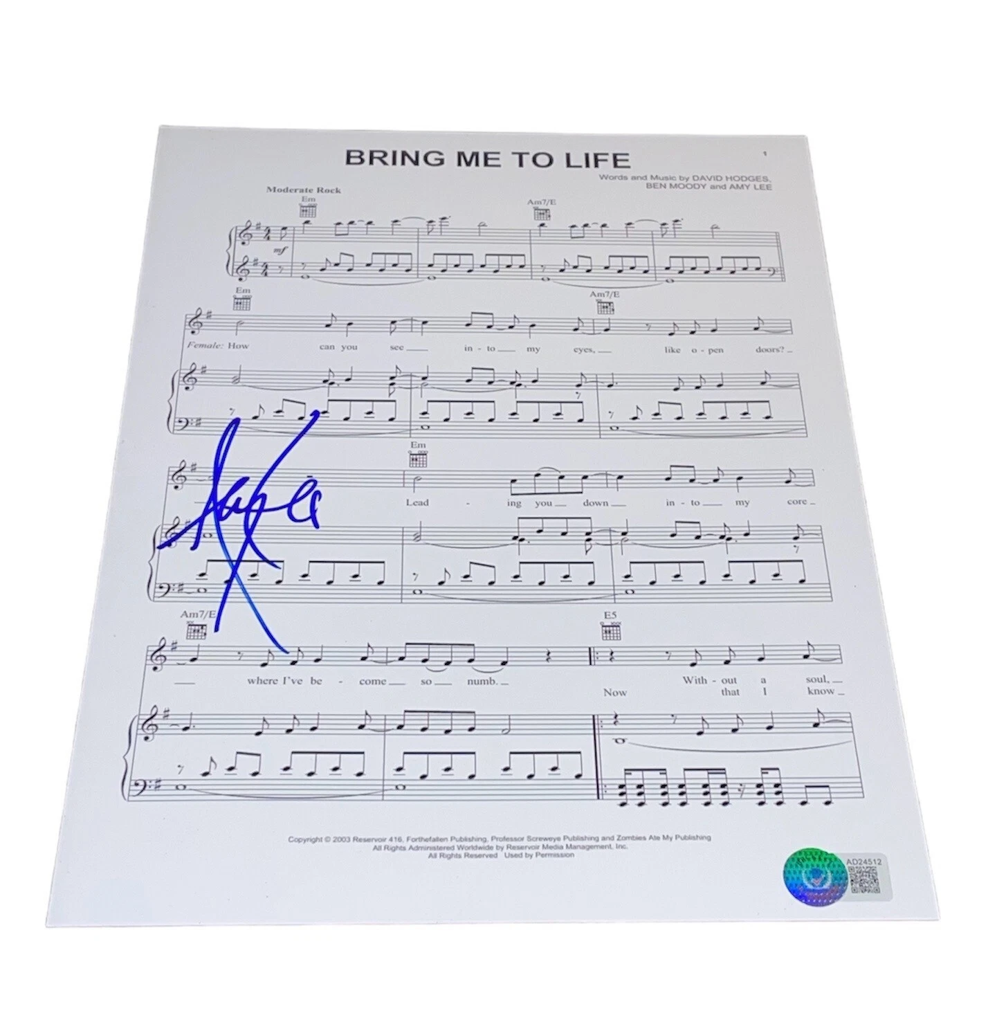 Amy Lee Signed Auto Evanescence Fallen Bring Me To Life Lyric Sheet Music BAS NY