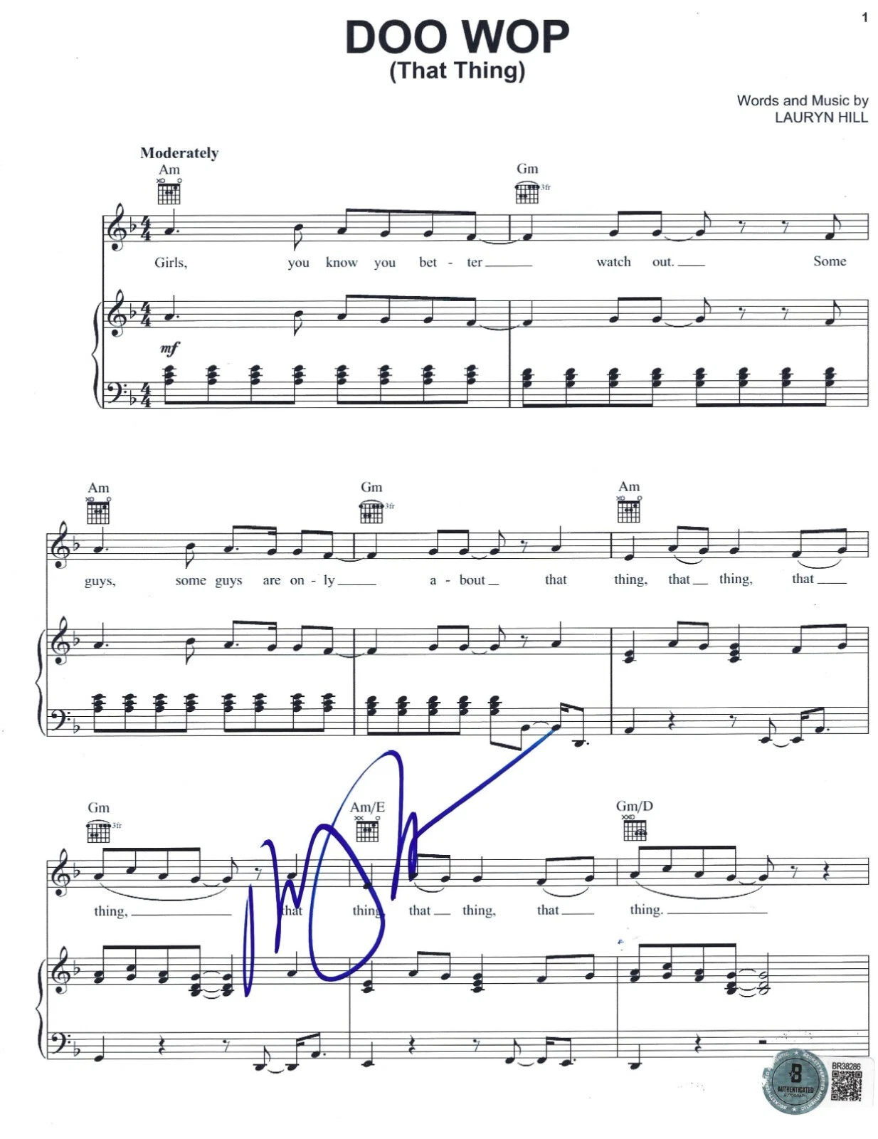 Lauryn Hill Signed Doo Wop That Thing Sheet Music Authentic Autograph Beckett