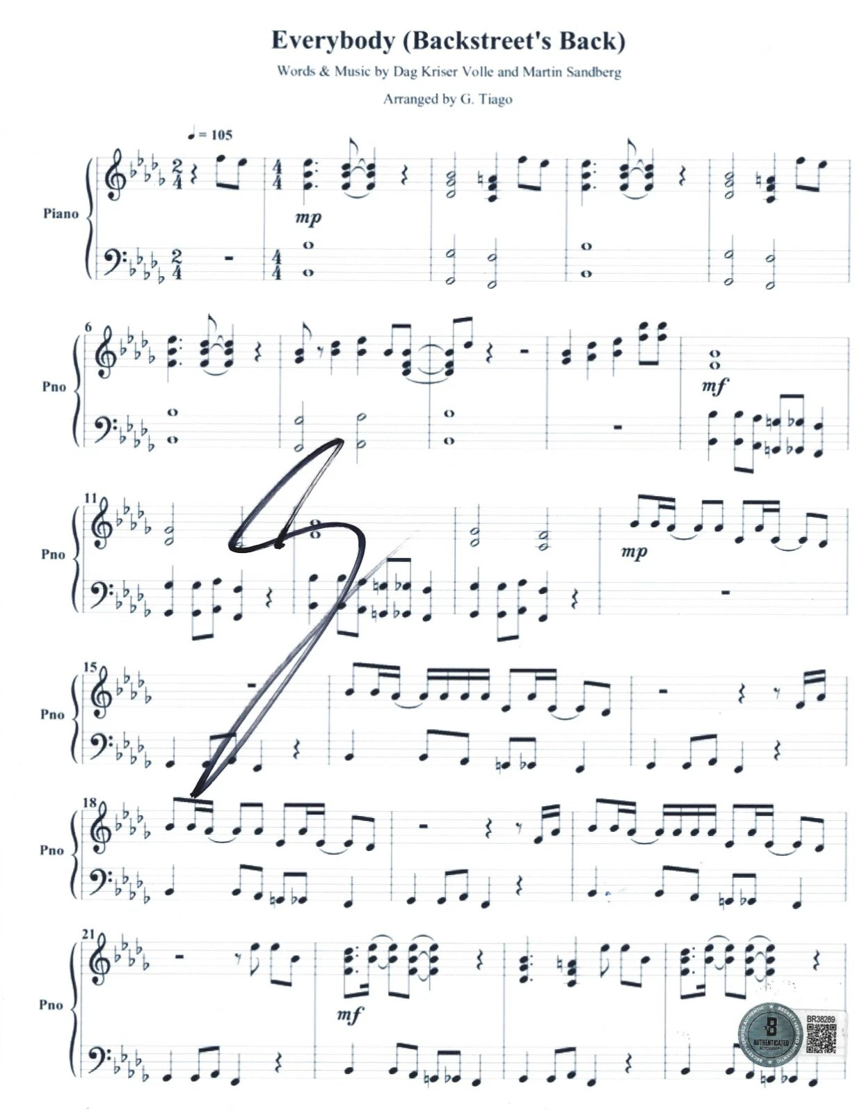 AJ McLean Signed Everybody Sheet Music Backstreet Boys Autograph Beckett