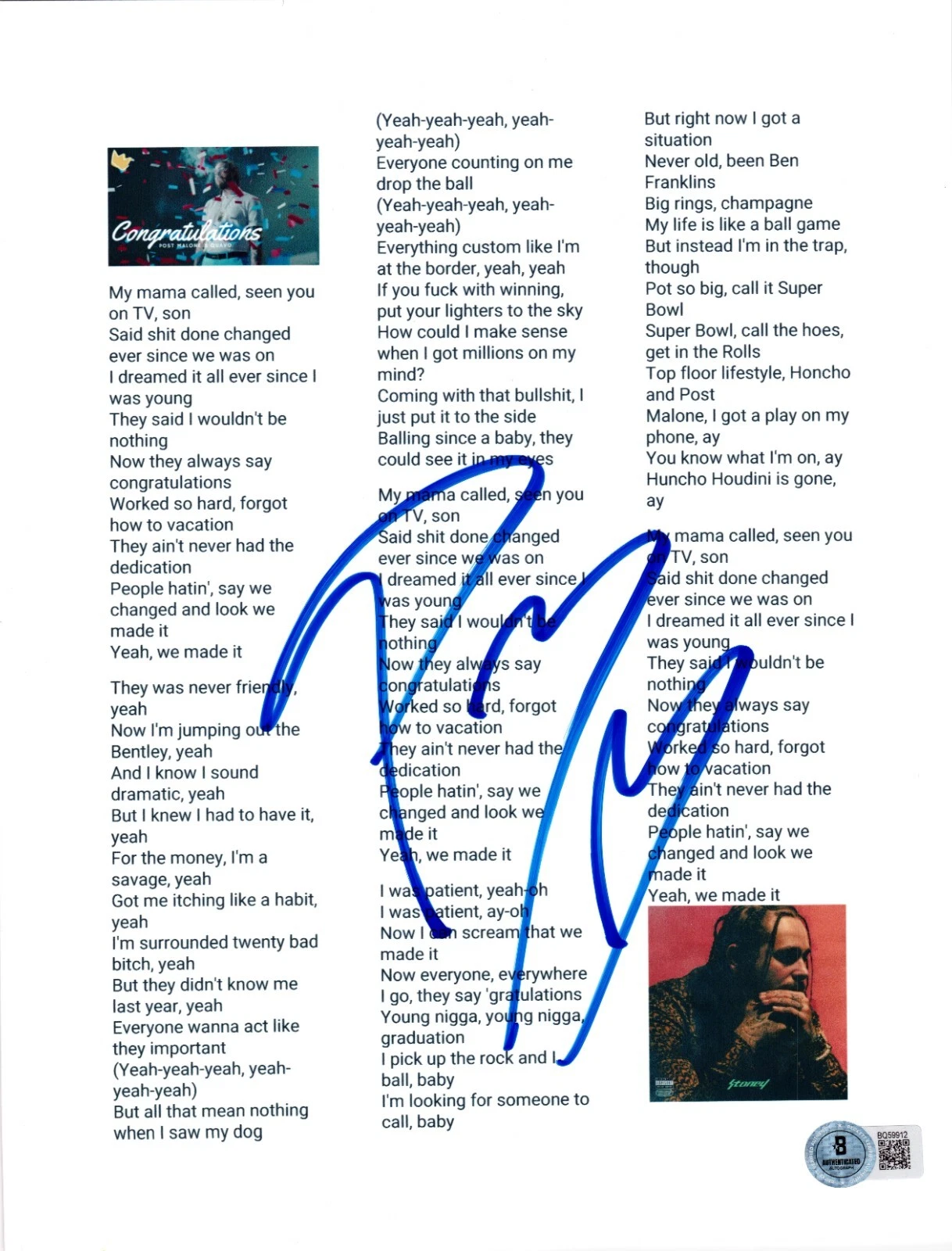 Post Malone Signed Congratulations Lyric Sheet Authentic Autograph Beckett
