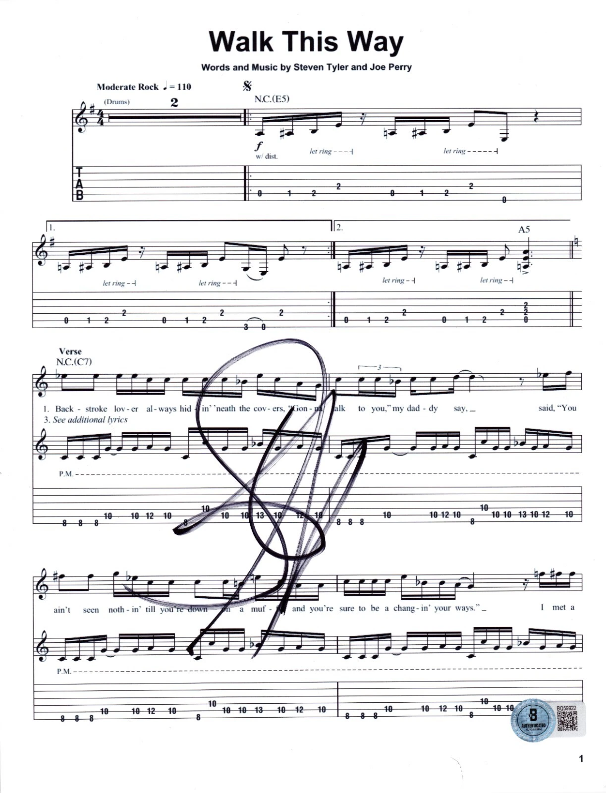 Steven Tyler Signed Walk This Way Sheet Music Aerosmith Autograph Beckett