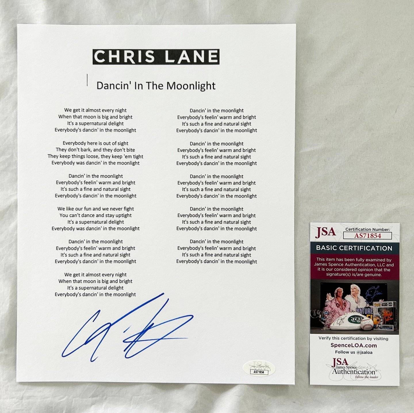 Chris Lane Signed Lyric Sheet JSA 5 COA