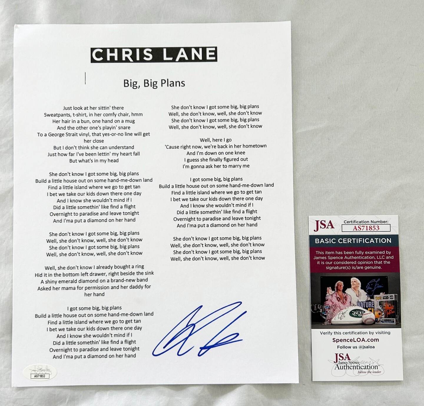 Chris Lane Signed Lyric Sheet JSA 4 COA