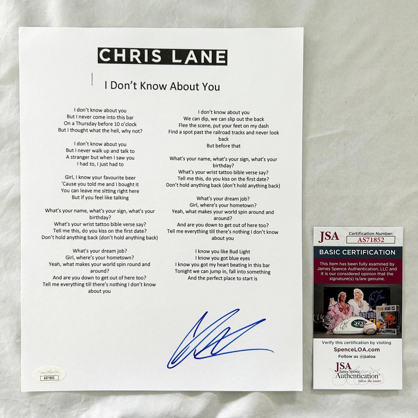 Chris Lane Signed Lyric Sheet JSA 3 COA