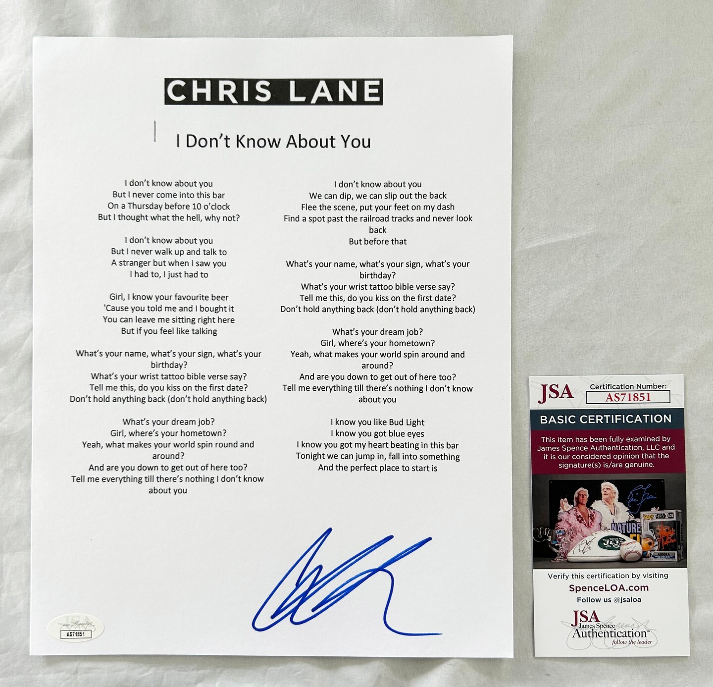 Chris Lane Signed Lyric Sheet JSA 2 COA