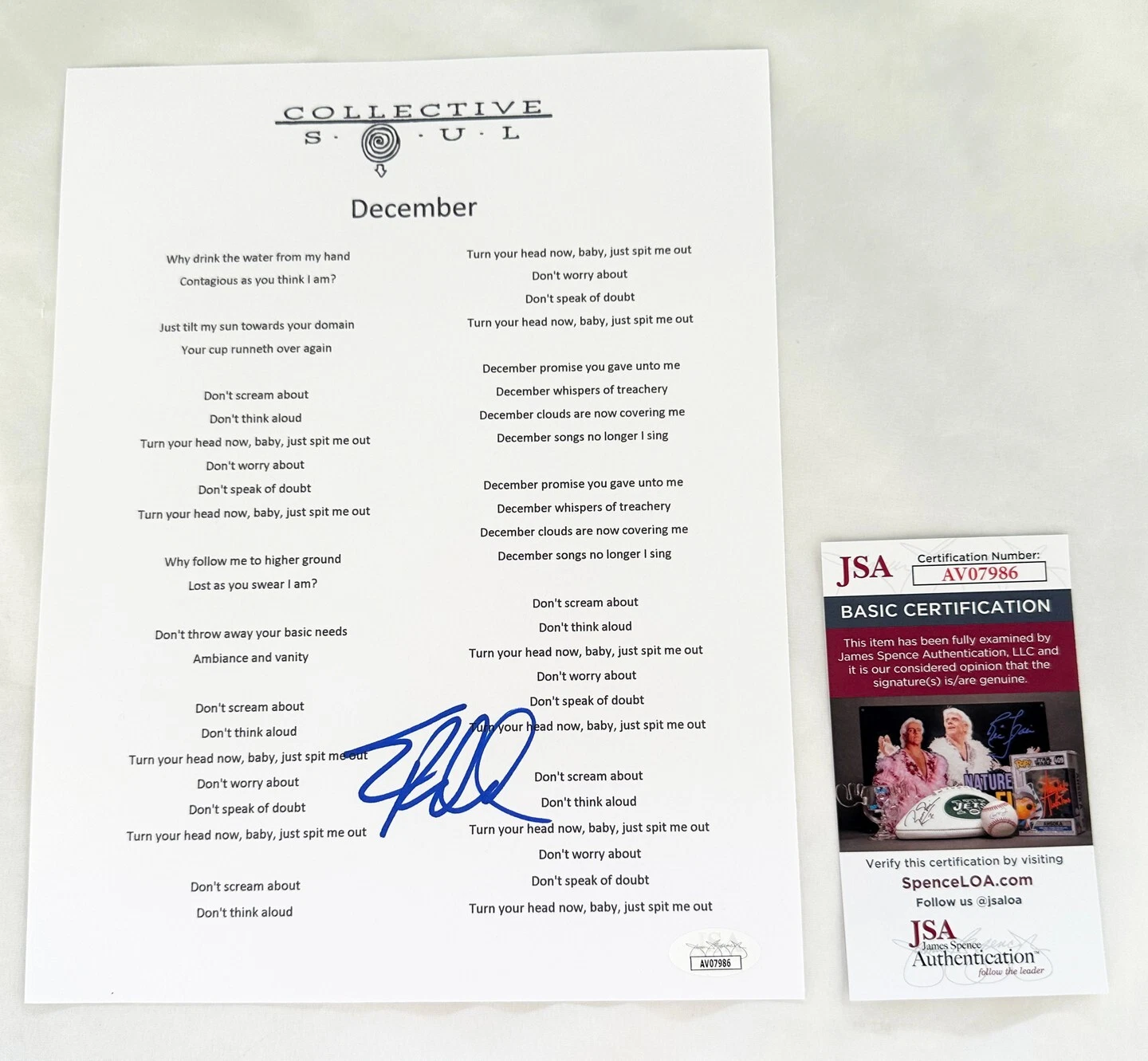Ed Roland Signed Lyric Sheet Collective Soul JSA 1 COA