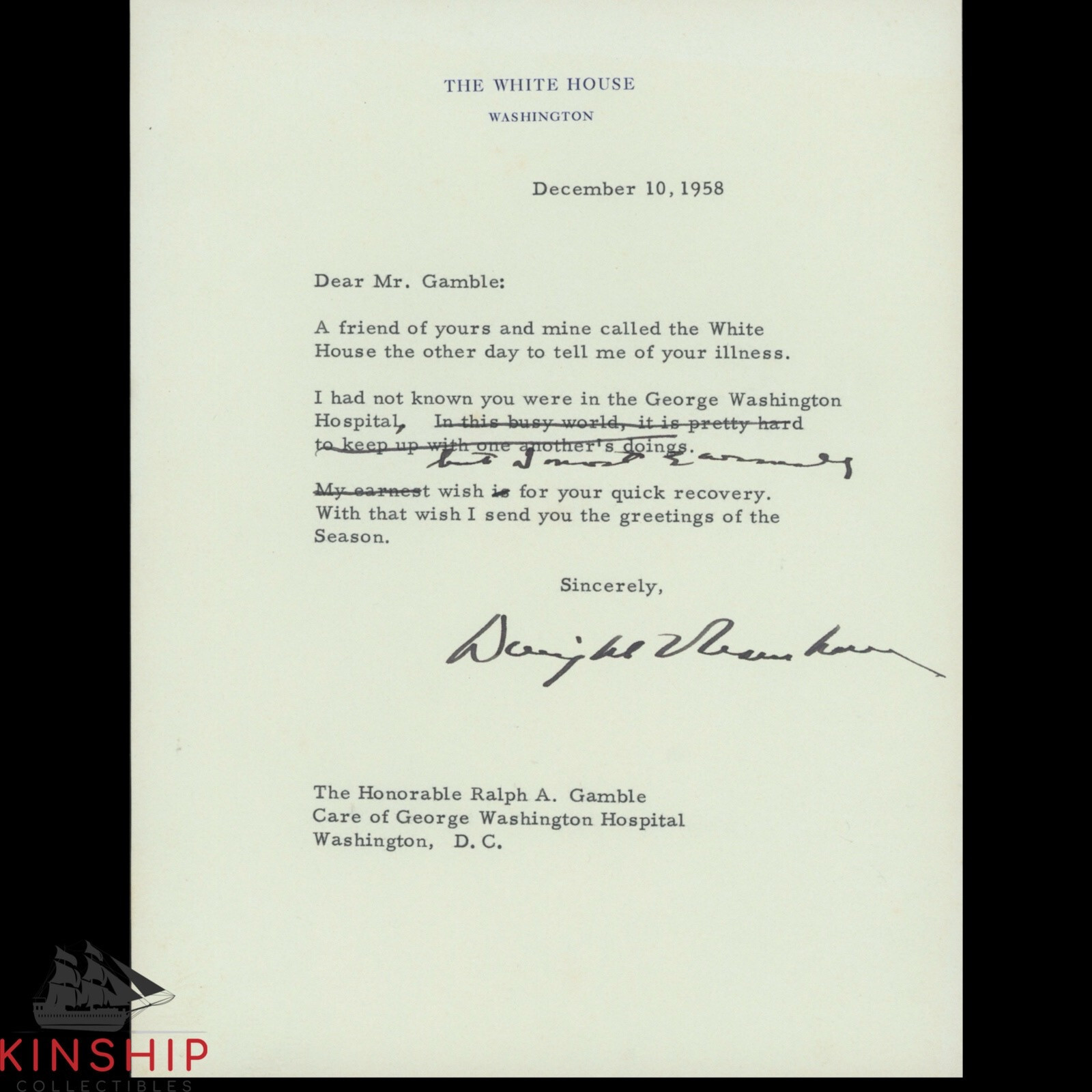 President Dwight D. Eisenhower signed White House Letter JSA LOA Auto Z1983