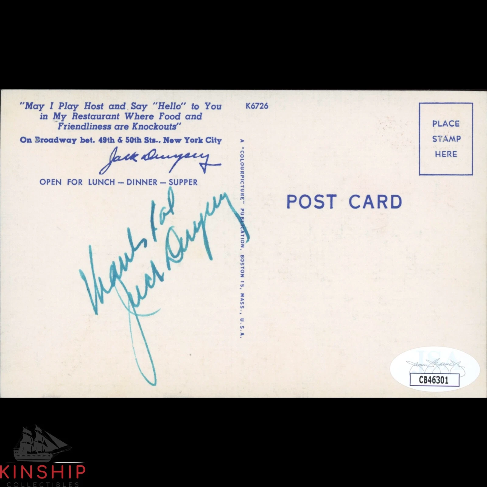 Jack Dempsey signed Restaurant Postcard JSA COA Boxing Auto Z2067