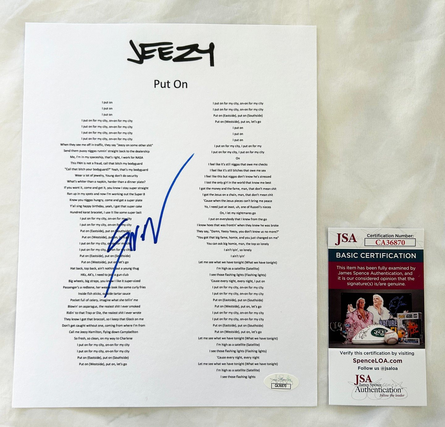 Young Jeezy Signed Lyric Sheet JSA 1 COA