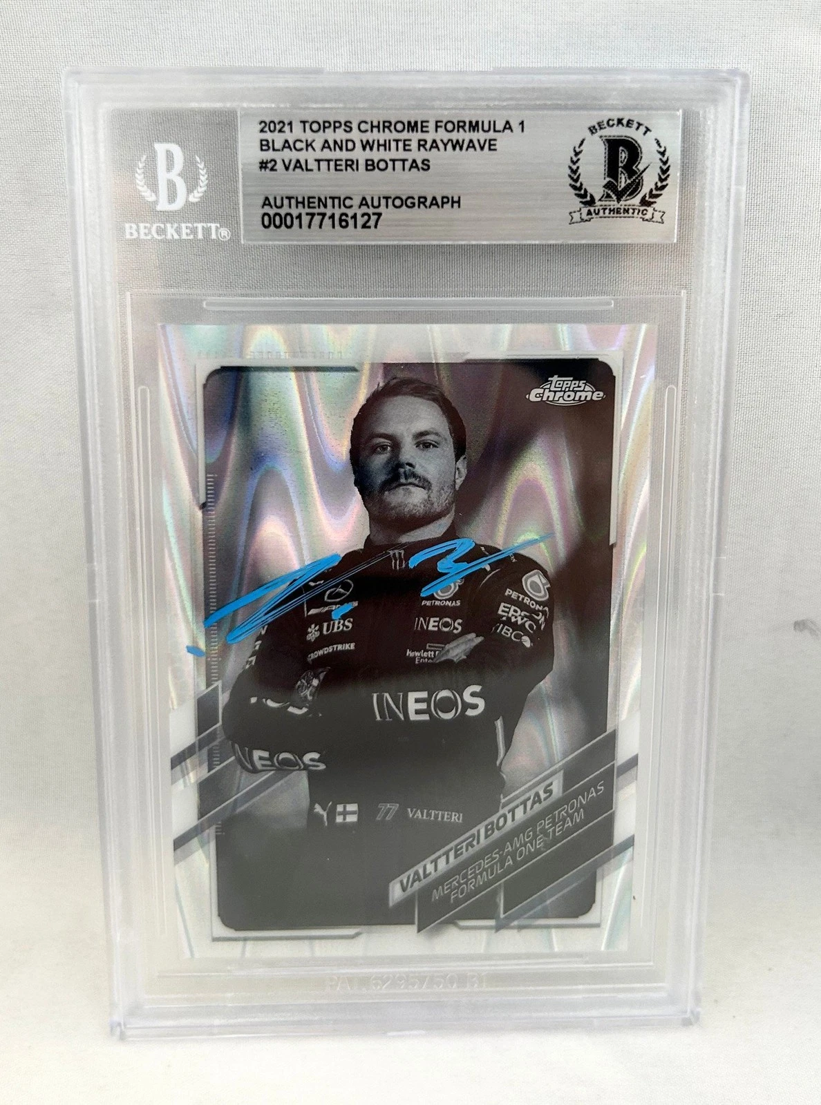 Valtteri Bottas Signed Card 2021 Topps Chrome Black & White #2 F1 Mercedes Be...