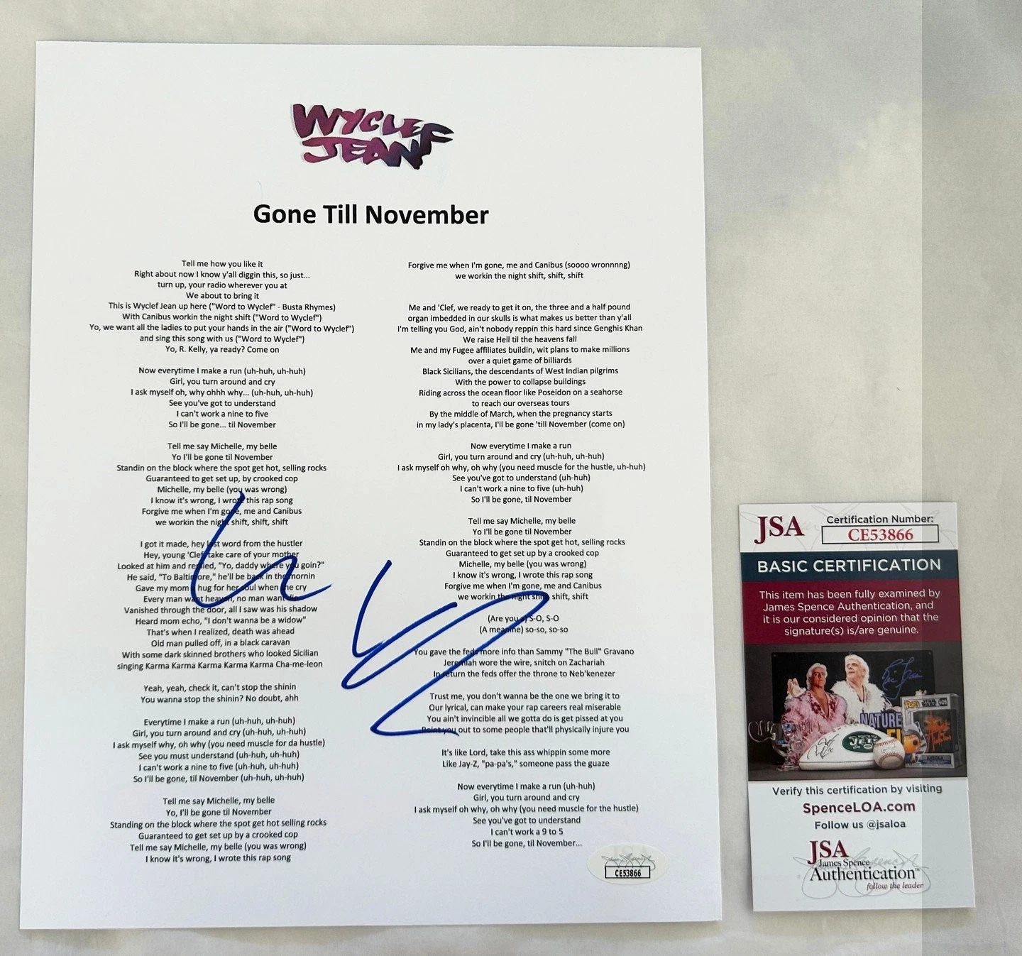 Wyclef Jean Signed Lyric Sheet Gone Till November JSA 3 COA