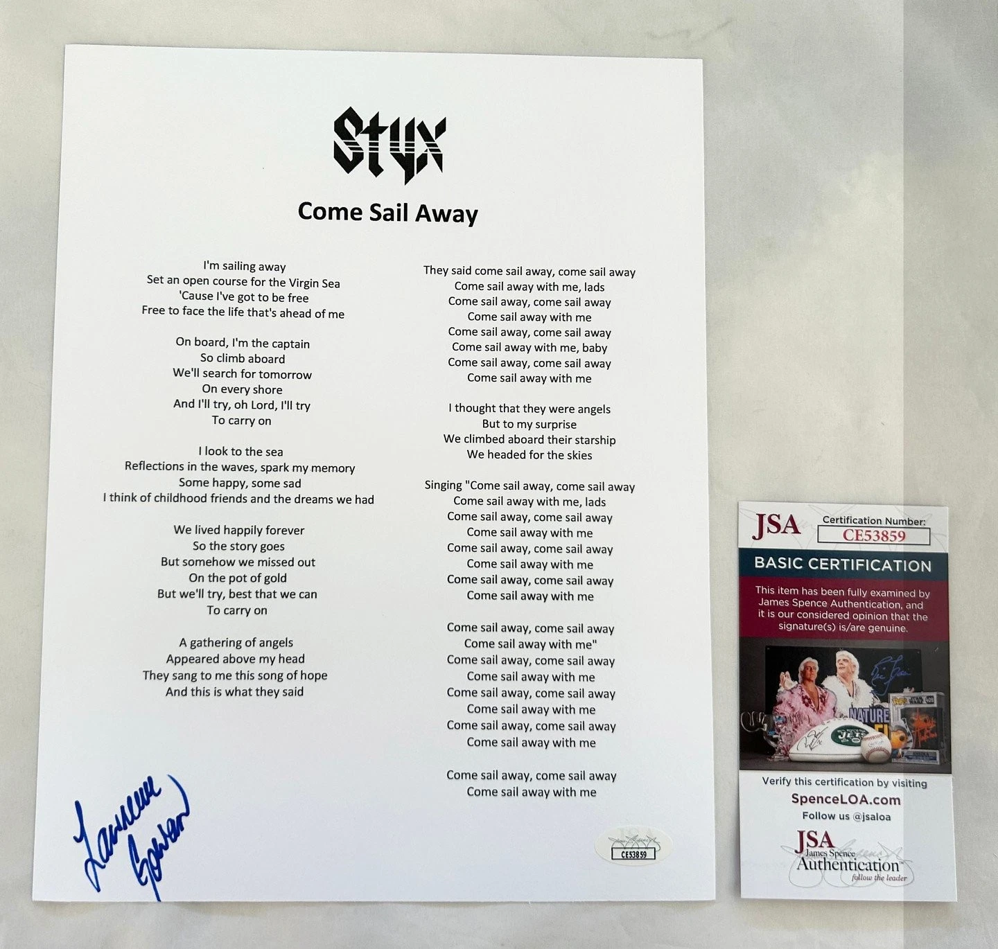 Lawrence Gowan Signed Lyric Sheet Styx Come Sail Away JSA 1 COA