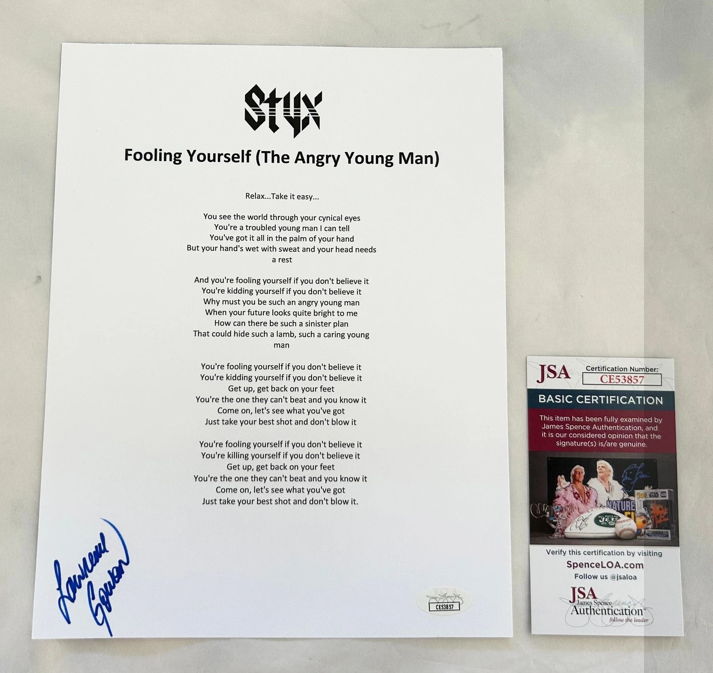 Lawrence Gowan Signed Lyric Sheet Styx Fooling Yourself JSA 1 COA