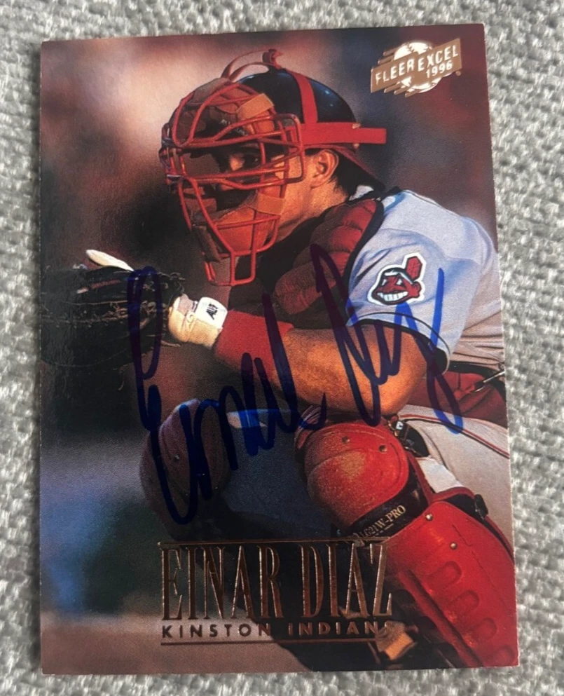 1996 Fleer Excel # 42 Einar Diaz Autographed Signed Card Kinston Indians