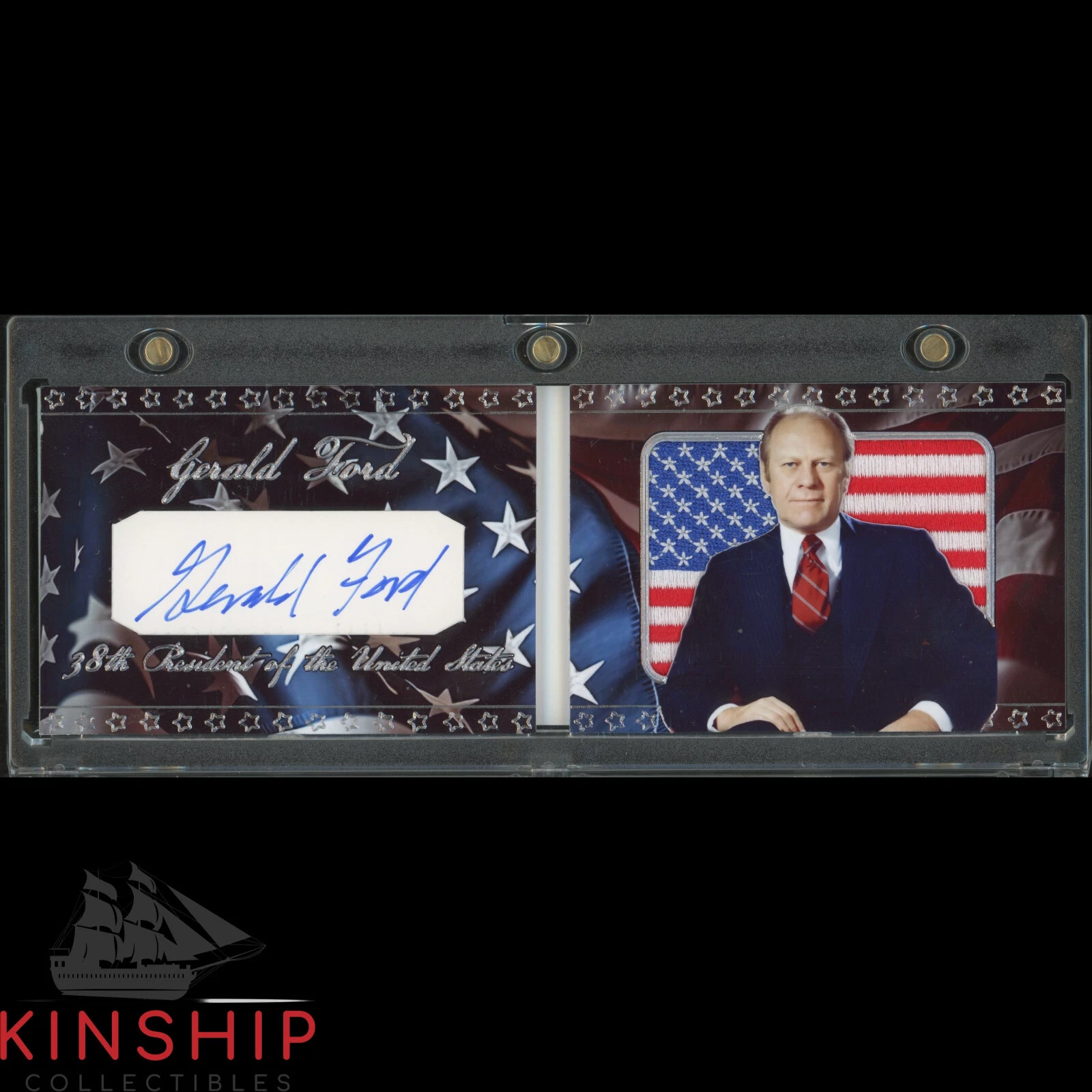 President Gerald Ford signed Cut Custom Flag Patch Booklet JSA COA Auto Z2237