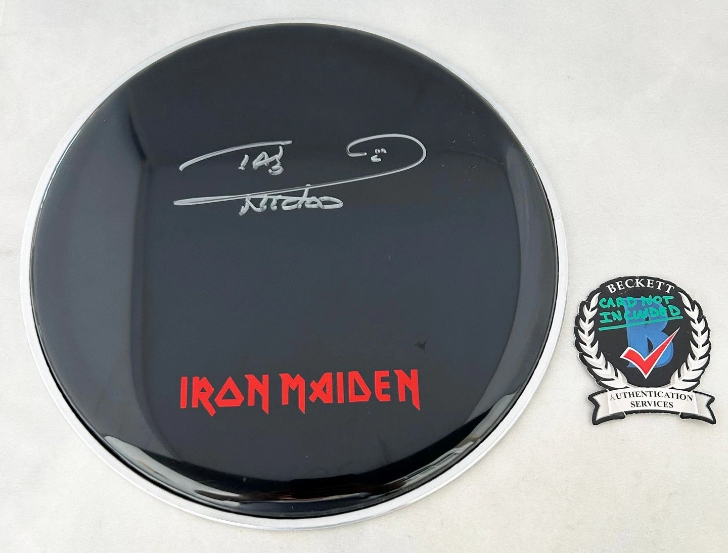 Nicko McBrain Signed Drumhead Iron Maiden Beckett BAS COA