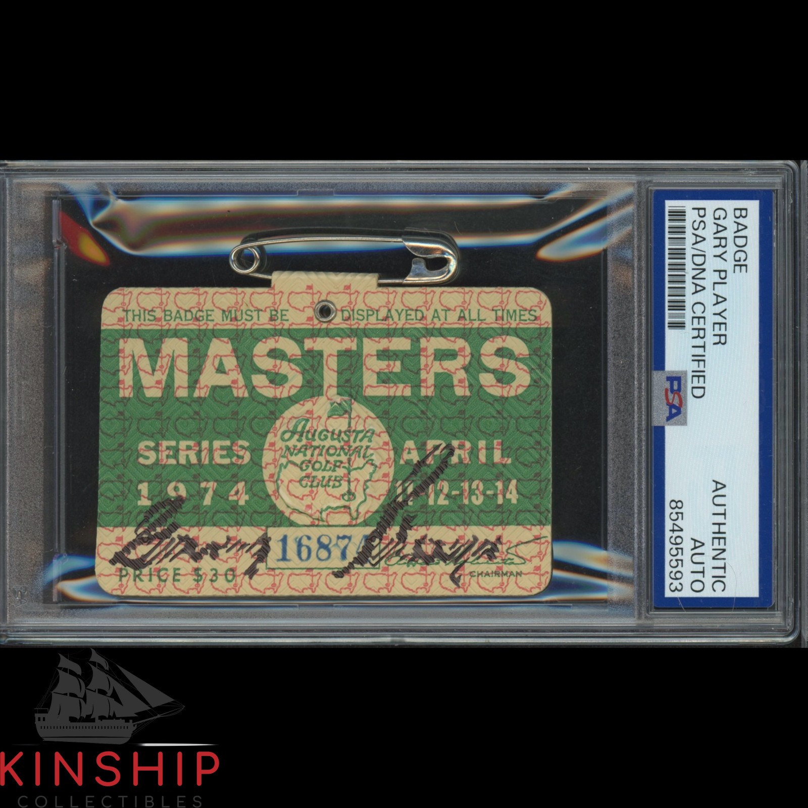 Gary Player signed 1974 Masters Badge PSA DNA Slabbed Rare Golf Auto C4586