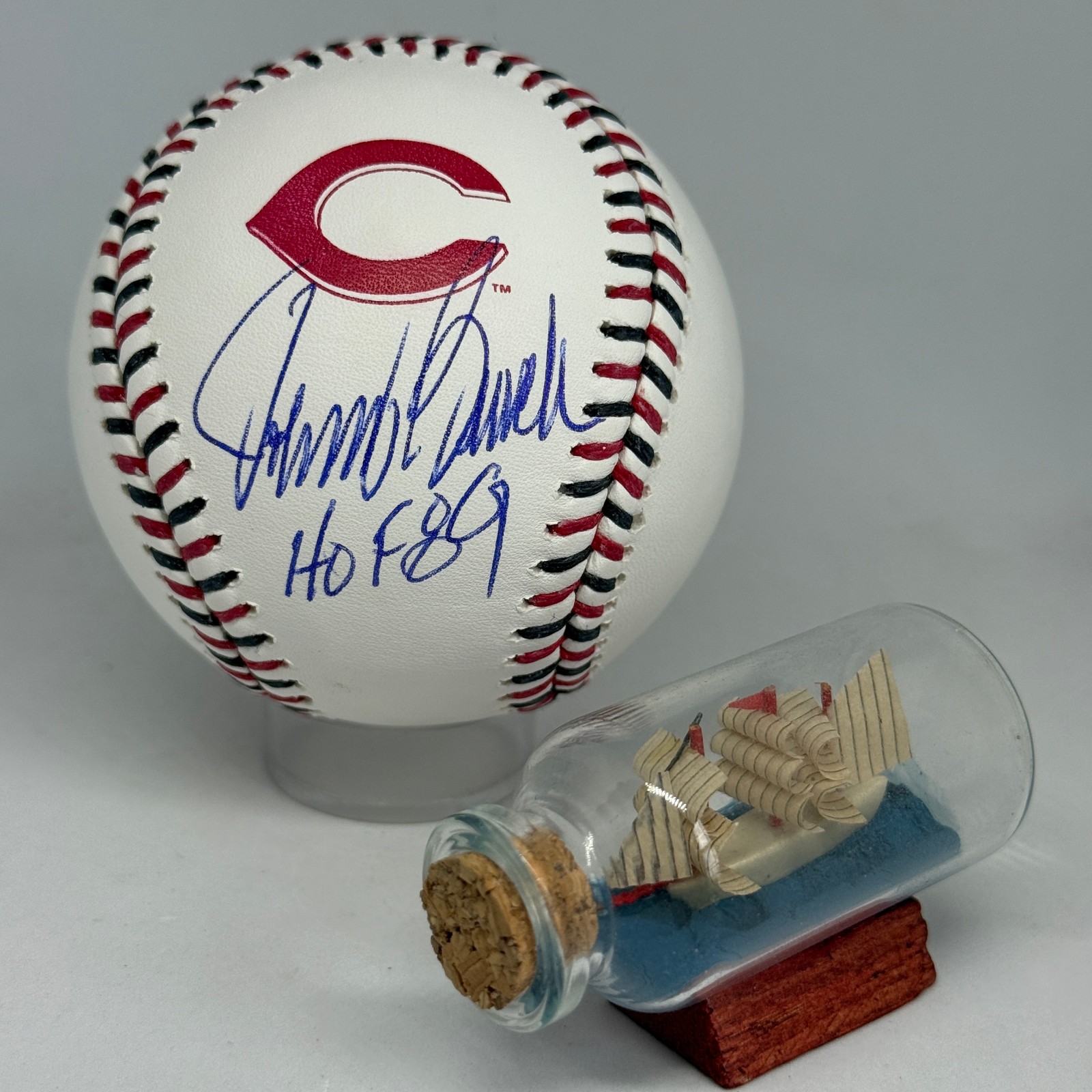 Johnny Bench signed Reds Team Stitch Logo Baseball JSA COA Inscribed HOF A3883