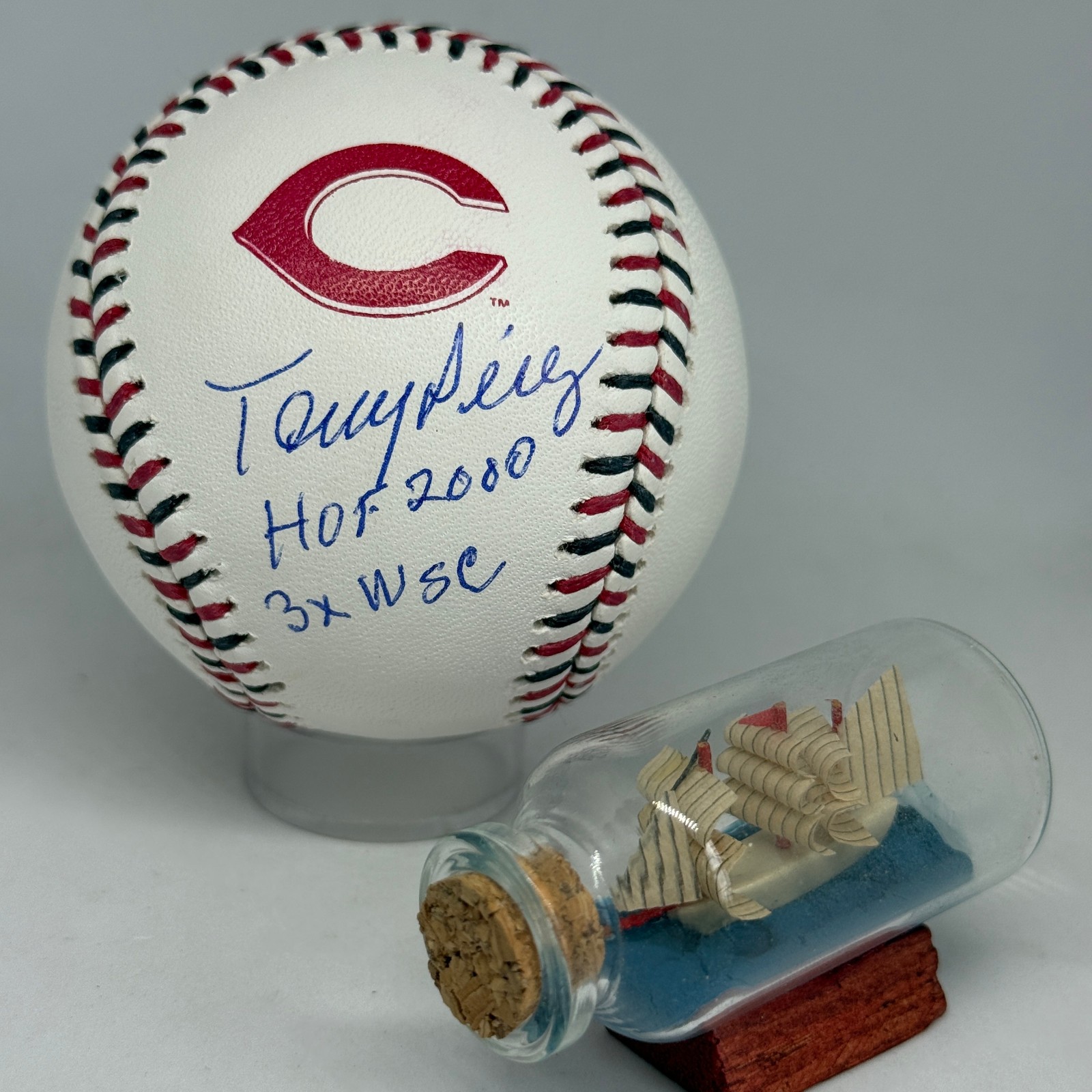 Tony Perez signed Reds Team Stitch Logo Baseball JSA COA Inscribed HOF WSC A3871