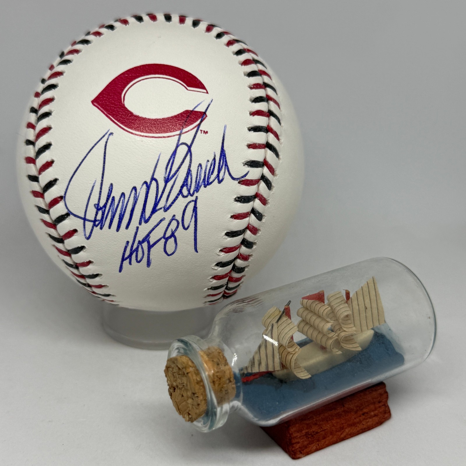 Johnny Bench signed Reds Team Stitch Logo Baseball JSA COA Inscribed HOF A3922